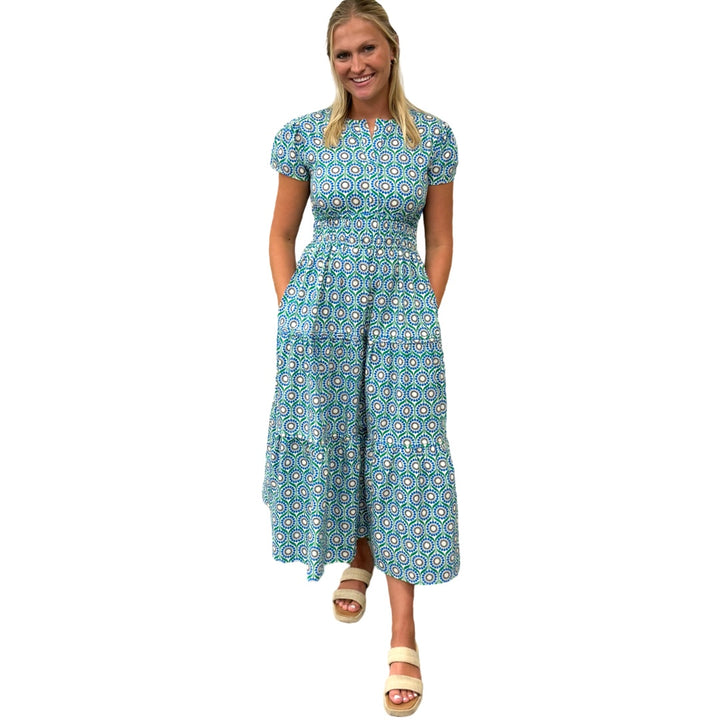 The Sydney Cinch Waist Dress in Green Blue Geometric Floral — view 3