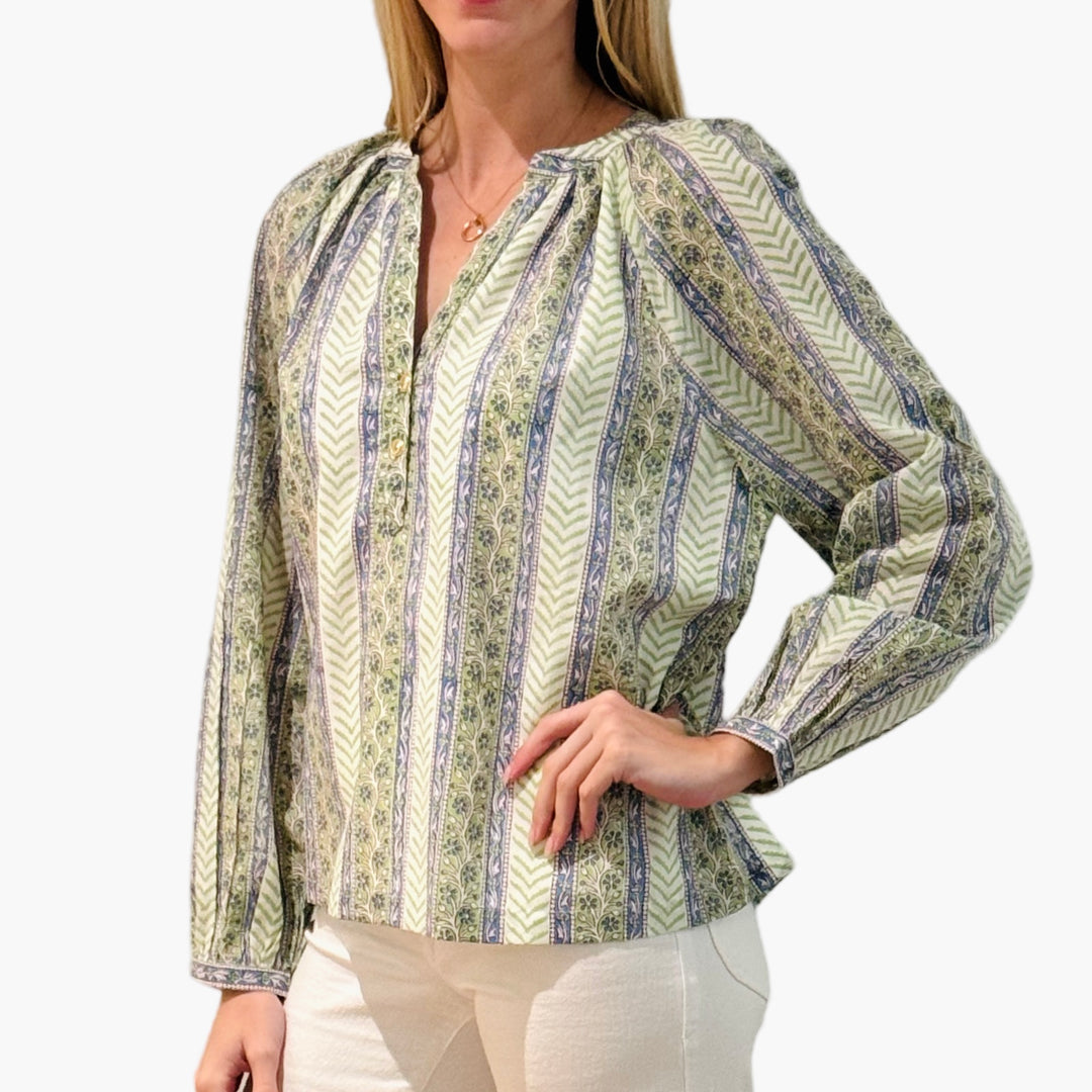 The Chandler Cotton Top in Light Green Hand Blocked Chevron Floral — view 4