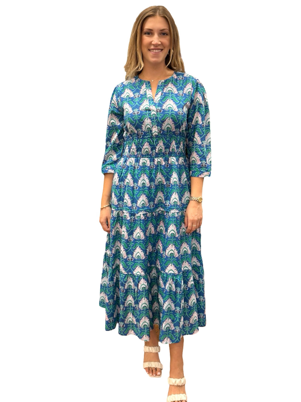The Sydney Cinch Waist Dress in Blue Green Floral Block Print — view 2