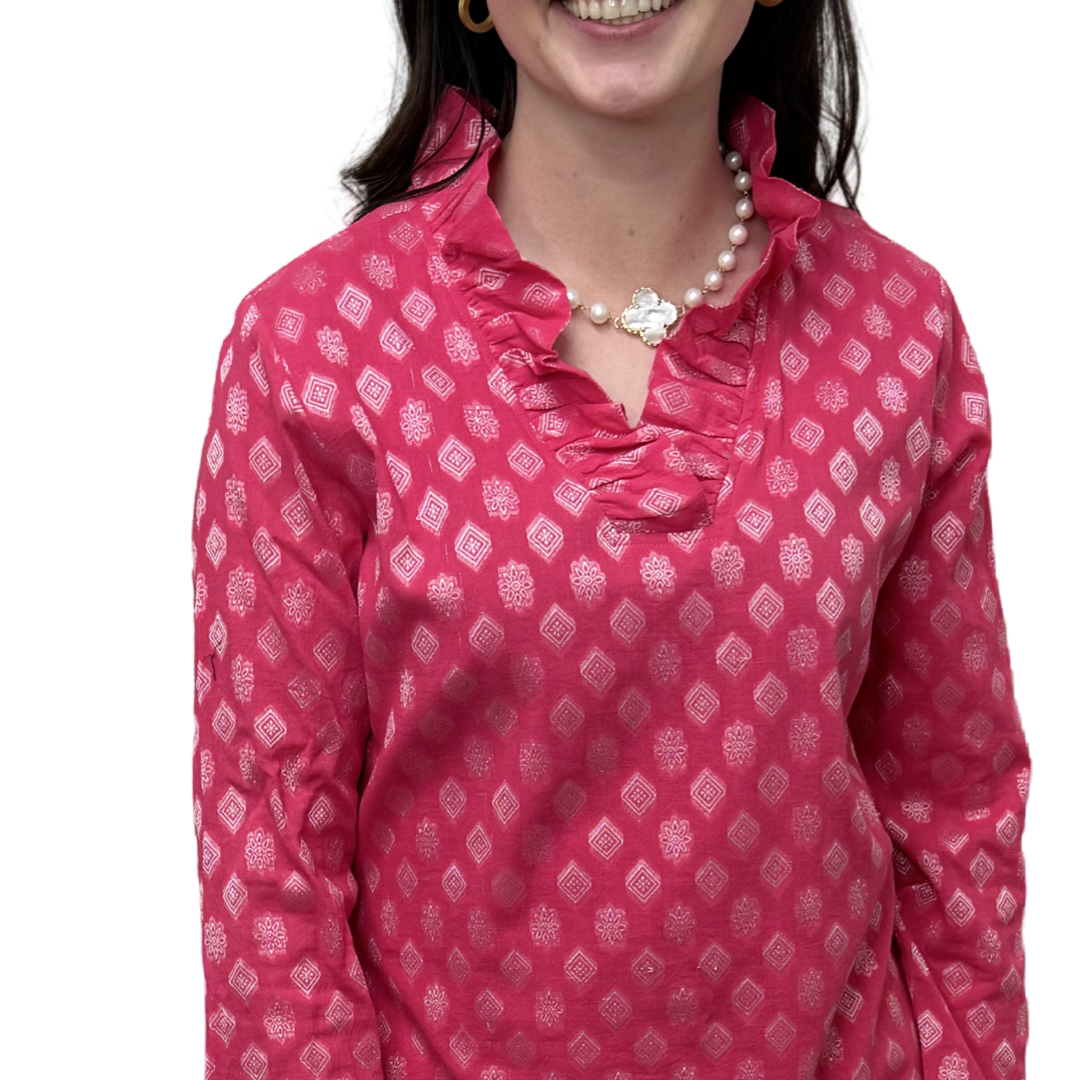The Daley Ruffle Neck Collar Tunic Top in Pink and White — view 4