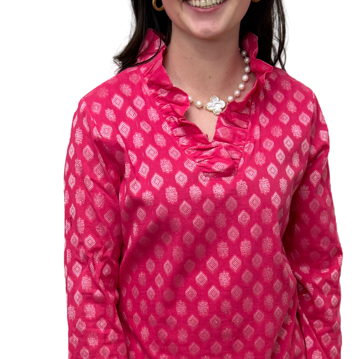 The Daley Ruffle Neck Collar Tunic Top in Pink and White — view 4