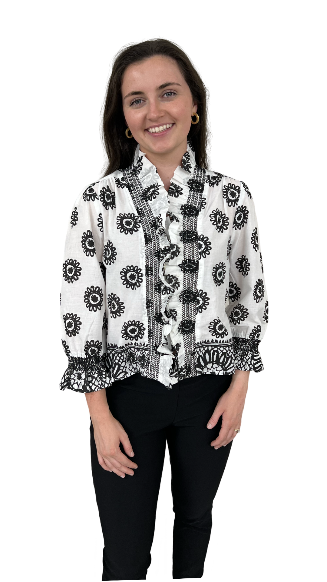 The Amelia Ruffle Front Top in Optic Black White Border Print — view 5