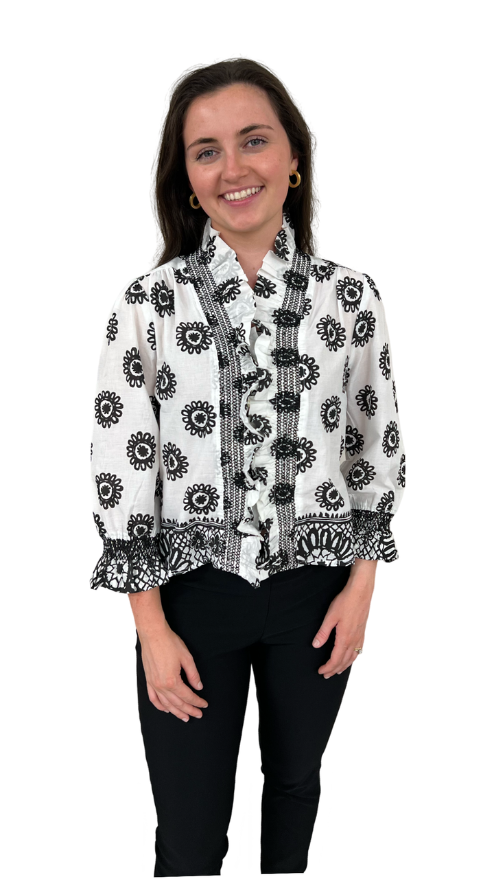 The Amelia Ruffle Front Top in Optic Black White Border Print — view 5
