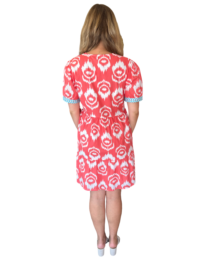 The Daniella Embroidered Trim Short Sleeve Dress in Coral White Ikat — view 5