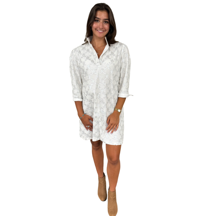 The Shipley Stand-Up Collar Dress in Metallic White and Silver — view 5