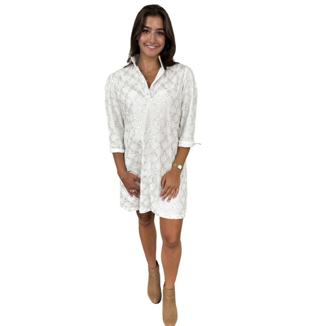 The Shipley Stand-Up Collar Dress in Metallic White and