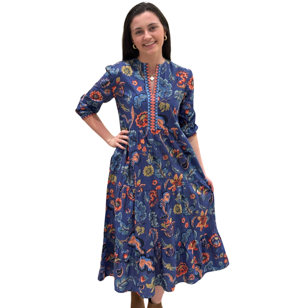 The Daniella Embroidered Trim Dress in Sunset Floral Hand Block Print — view 2