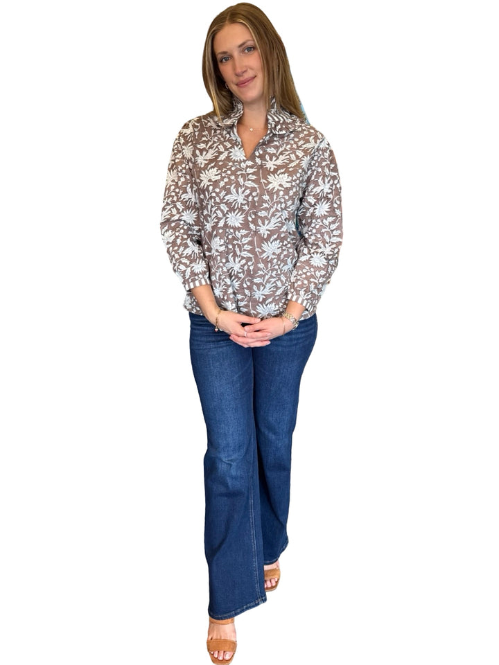 The Laurel Hand Block Printed Top in Chocolate Brown Floral