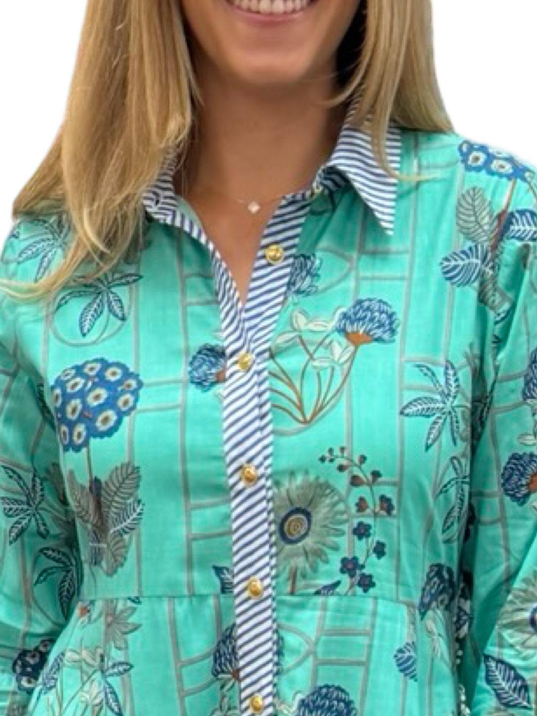 The Marion Button Front Dress in Teal Green Botanical Floral — view 4