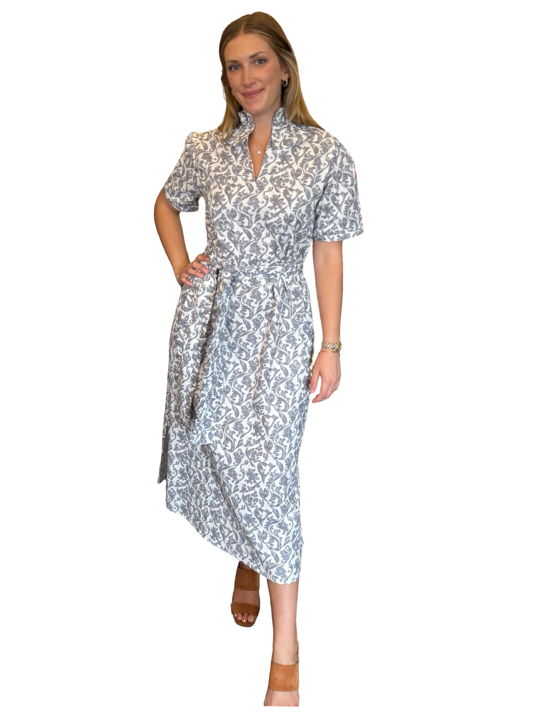 The Laurel Ruffle Trim Dress in Grey White