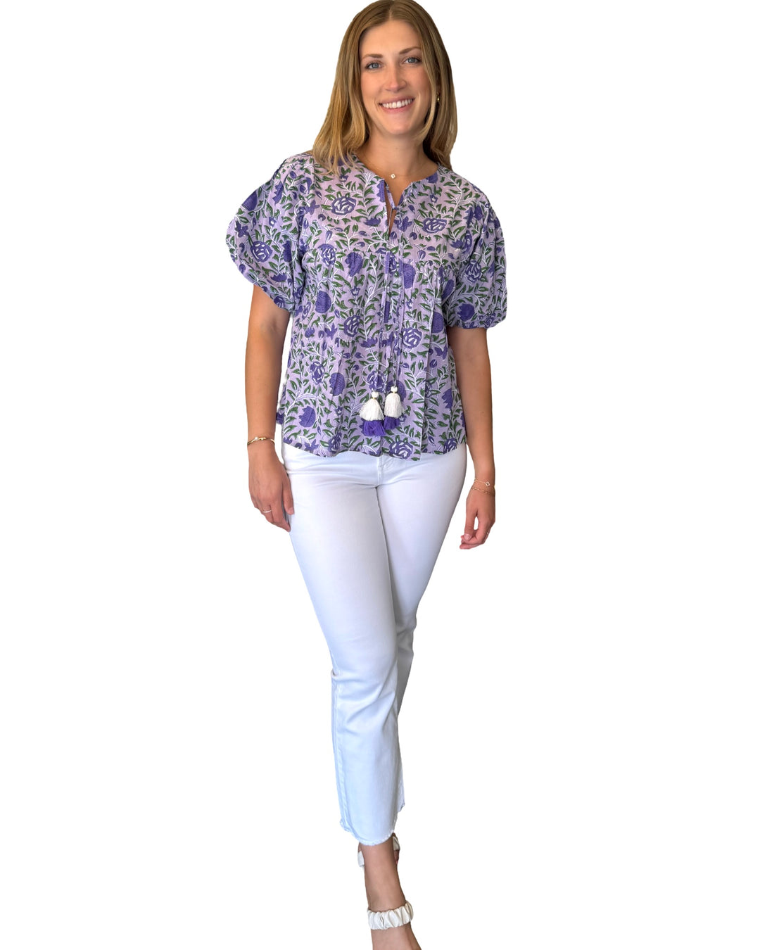 The Poppy Puff Sleeve Top in Purple Floral Hand Block Printed Cotton — view 7