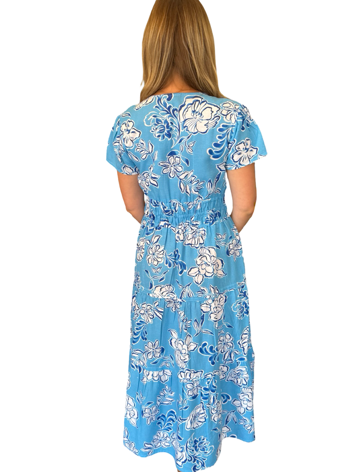 The Sydney Cinch Waist Dress in Blue Turquoise Floral — view 5