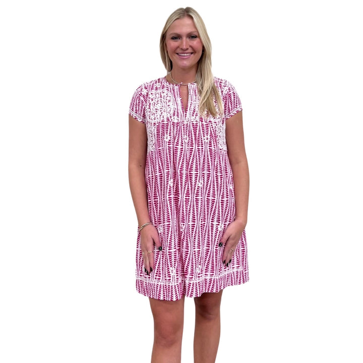 The Key Biscayne Embroidered Shift Dress in Pink and White Hand Block Cotton