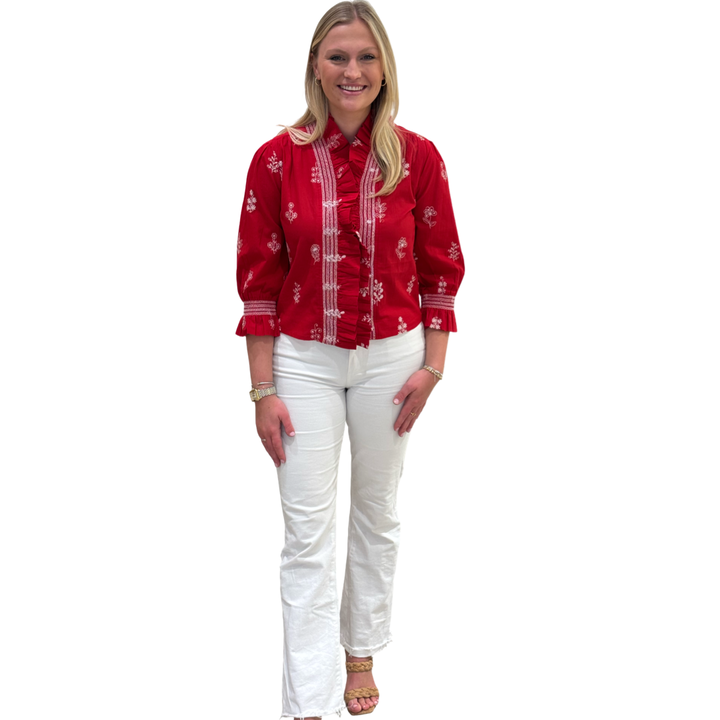 The Amelia Ruffle Front Top in Red and White Embroidered cotton — view 3
