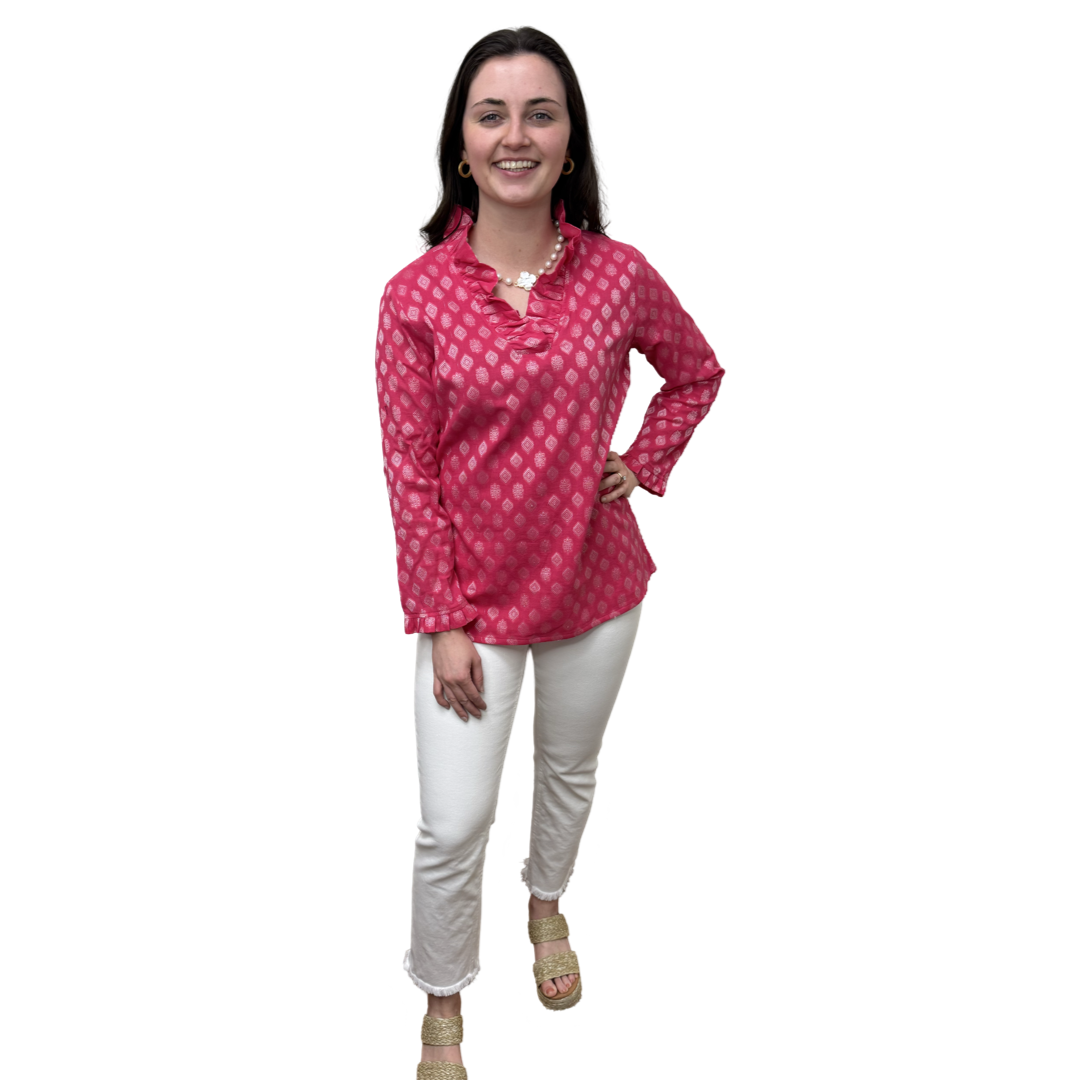 The Daley Ruffle Neck Collar Tunic Top in Pink and White — view 3