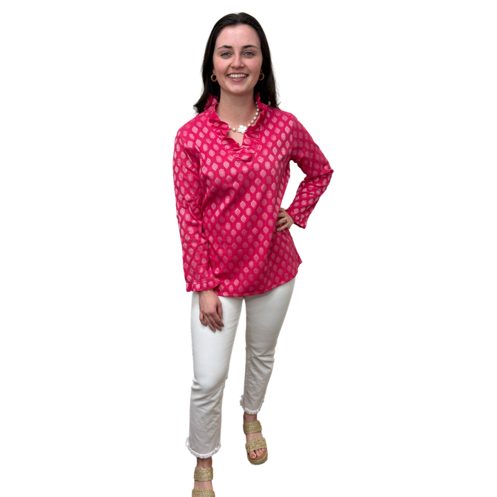 The Daley Ruffle Neck Collar Tunic Top in Pink and White — view 3