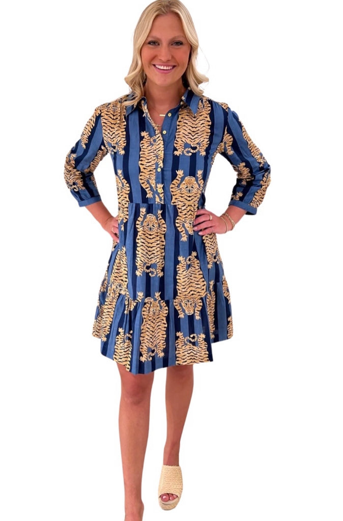 The Kalie Cotton Tiger Print Dress in Blue Stripe – Liza Byrd
