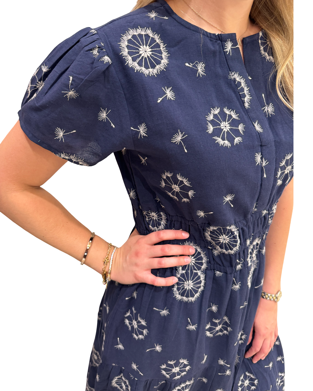 The Sydney Long Cinch Waist Dress in Blue White Embroidered Floral — view 7