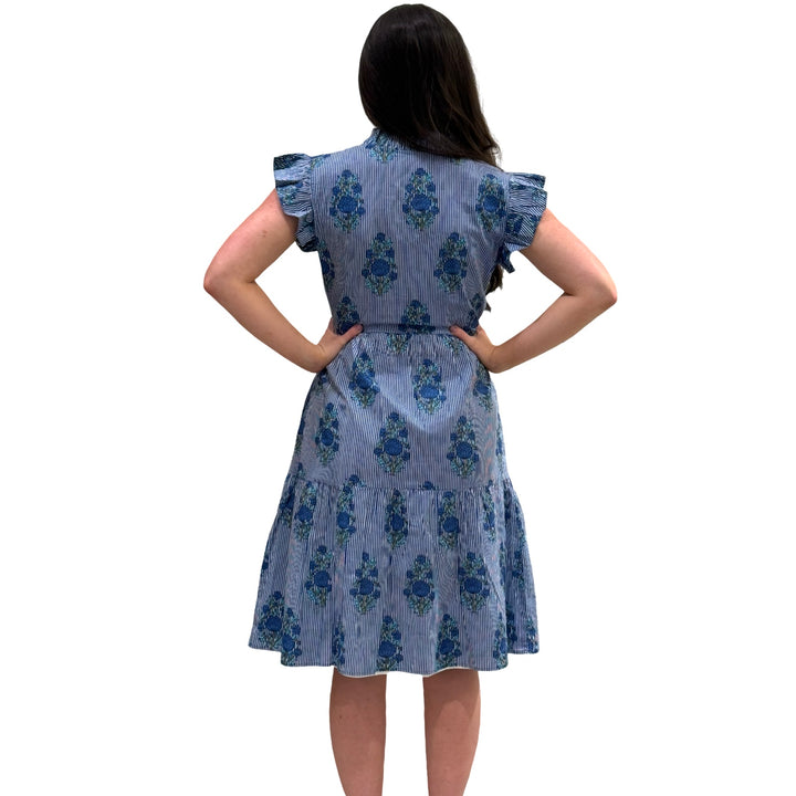The Campbell Midi Length Dress In Blue Striped Floral — view 4