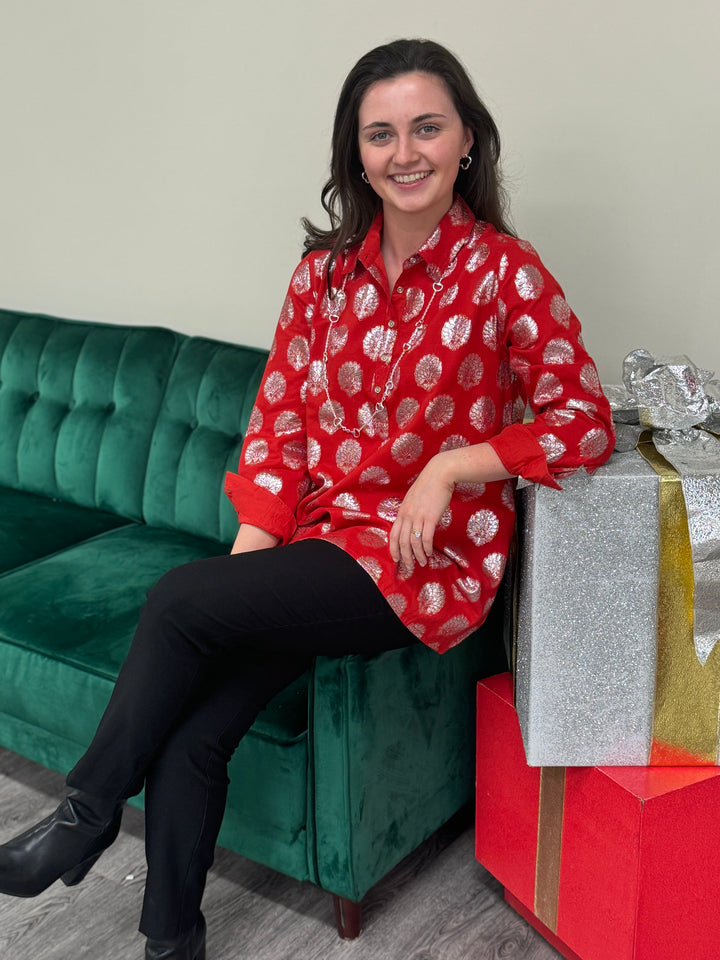 The Harper Easy Fit Top in Vibrant Red and Silver — view 8