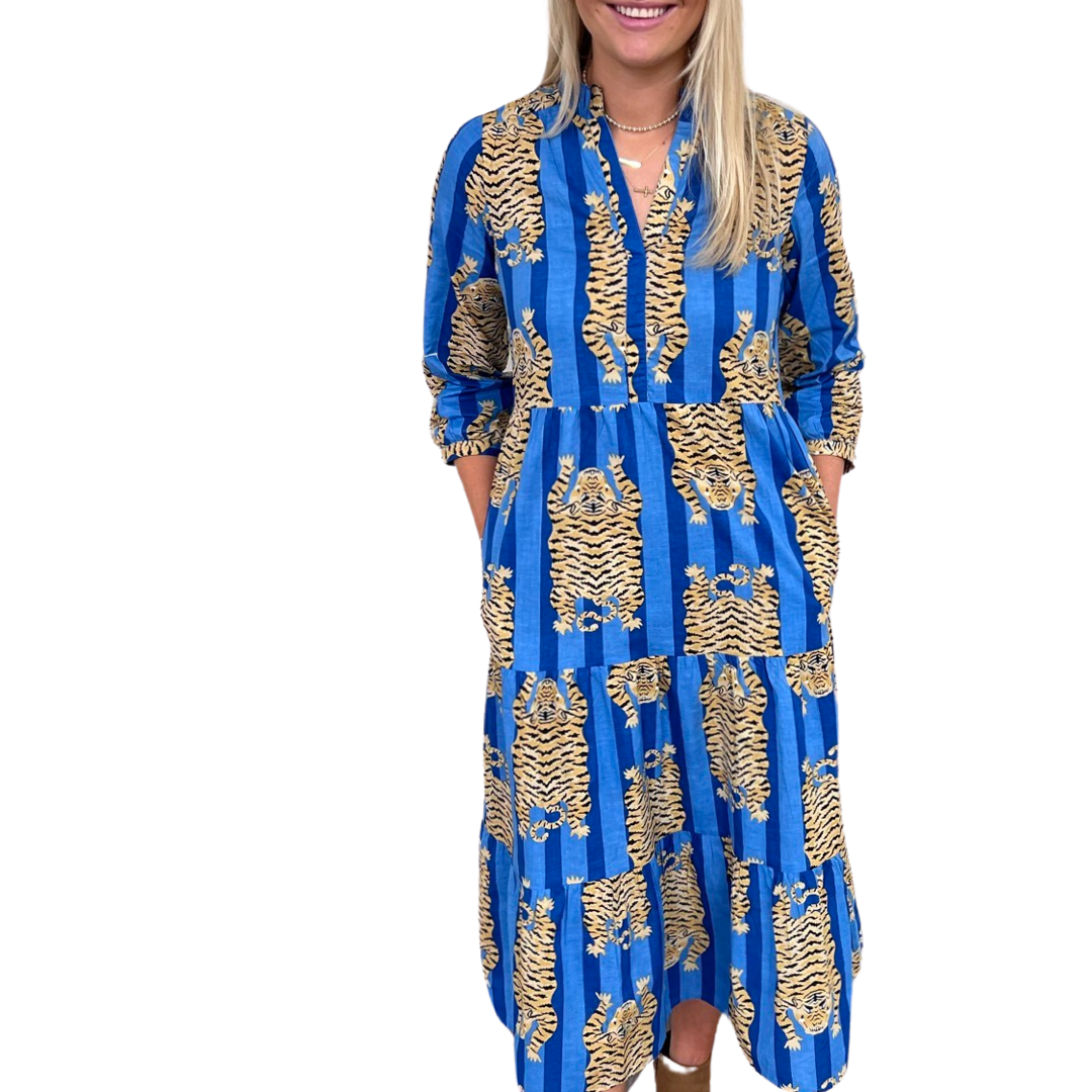 【 】Twill Midi Slip Dress★シンプルにキメて!! The Campbell Tiger Stripe 3/4 Sleeve Midi Dress in Blue