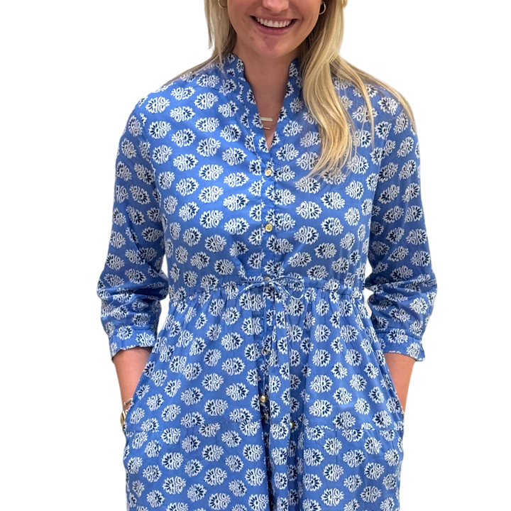 The Hamilton Tie Waist Dress in Blue Block Print Floral — view 3
