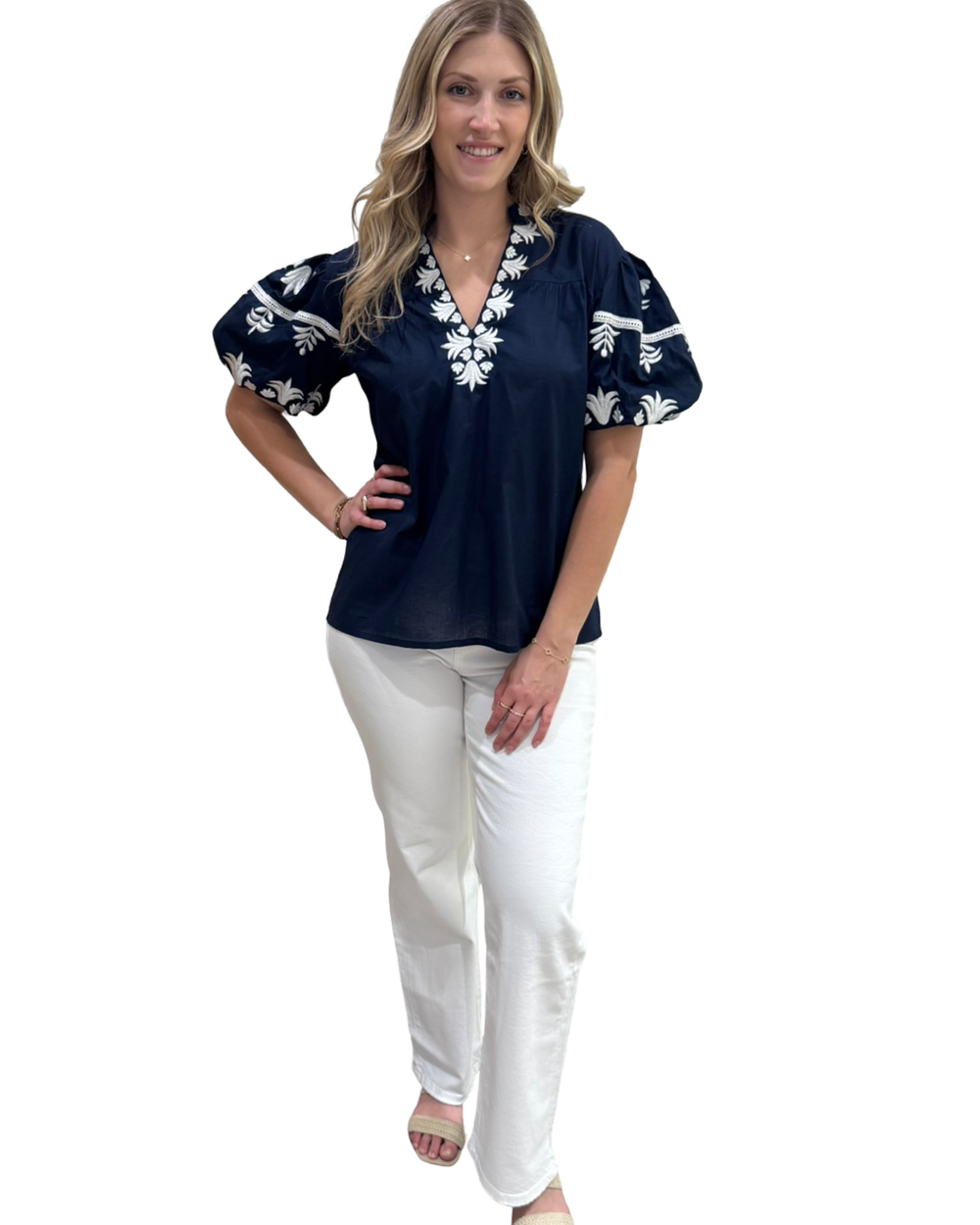 The Kelly Embroidered Top in Navy Blue and White — view 2