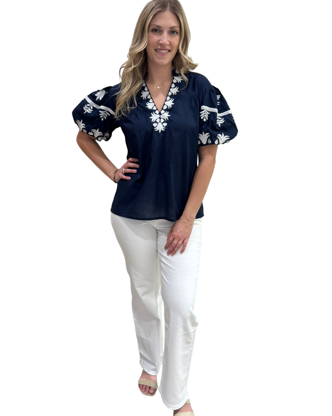 The Kelly Embroidered Top in Navy Blue and White — view 2