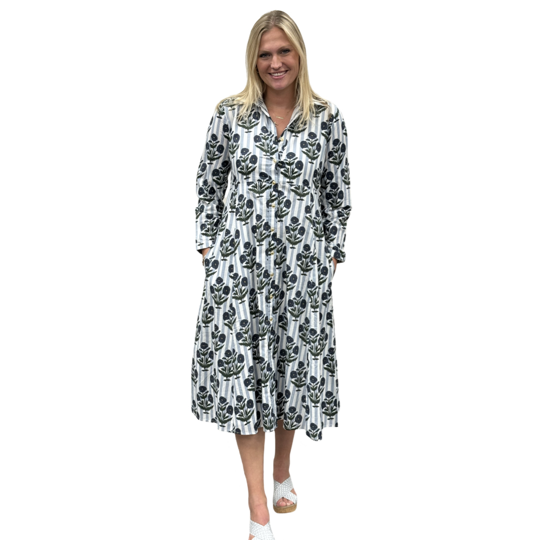 The Marion Cotton Hand Block Button Front Dress in Striped Slate Blue Floral — view 7