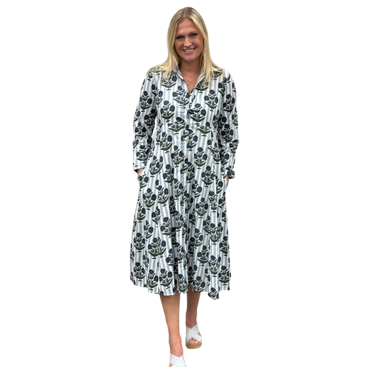The Marion Cotton Hand Block Button Front Dress in Striped Slate Blue Floral — view 7