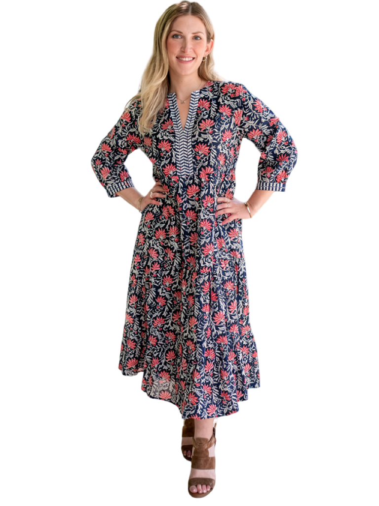 The Daniella Embroidered Trim Dress in Navy and Pink Handblocked Floral