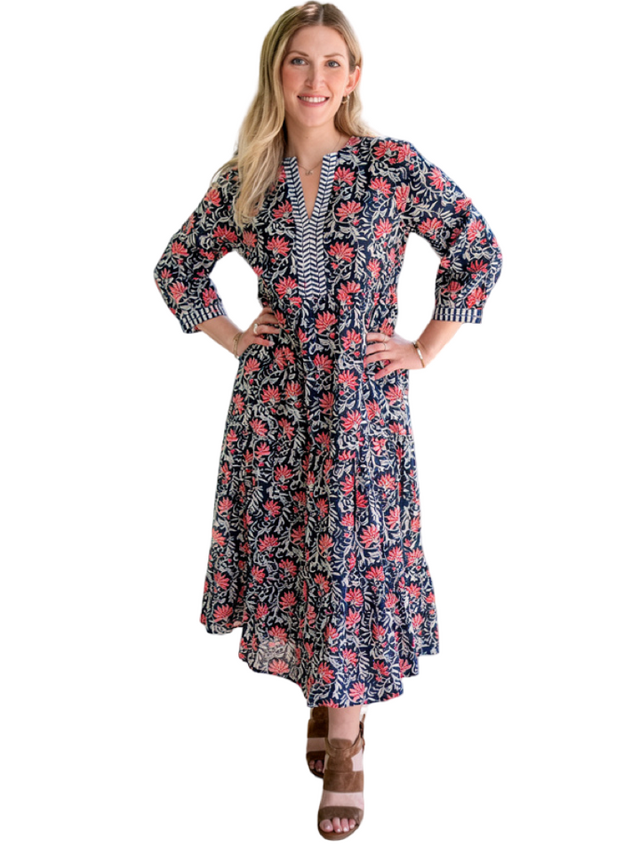 The Daniella Embroidered Trim Dress in Navy and Pink Handblocked Floral