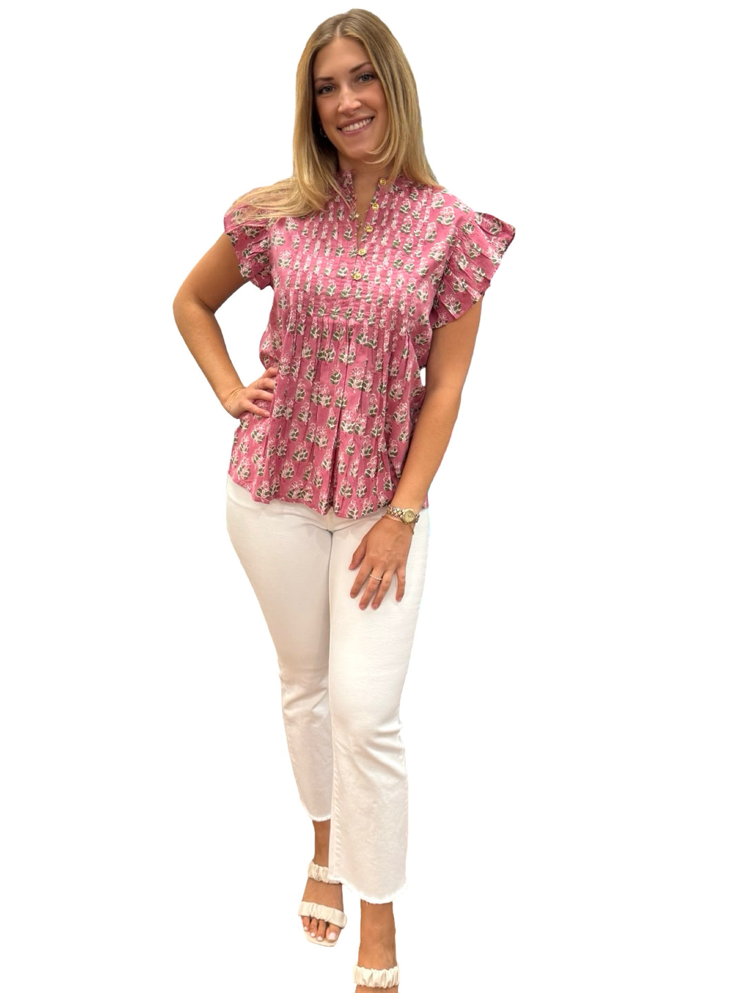 The Ava Pintuck Cotton Top in Rase Pink Hand Block Printed Floral