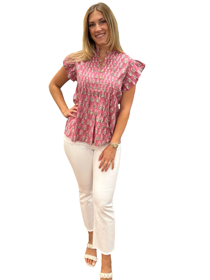 The Ava Pintuck Cotton Top in Rase Pink Hand Block Printed Floral