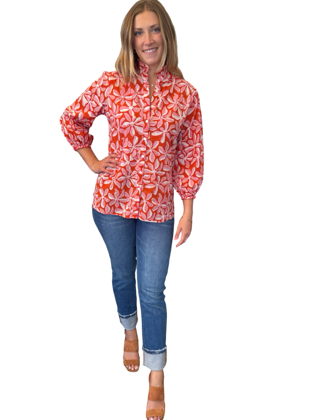 The Tricia Shirt in Red Pink Floral with Bead Detailing