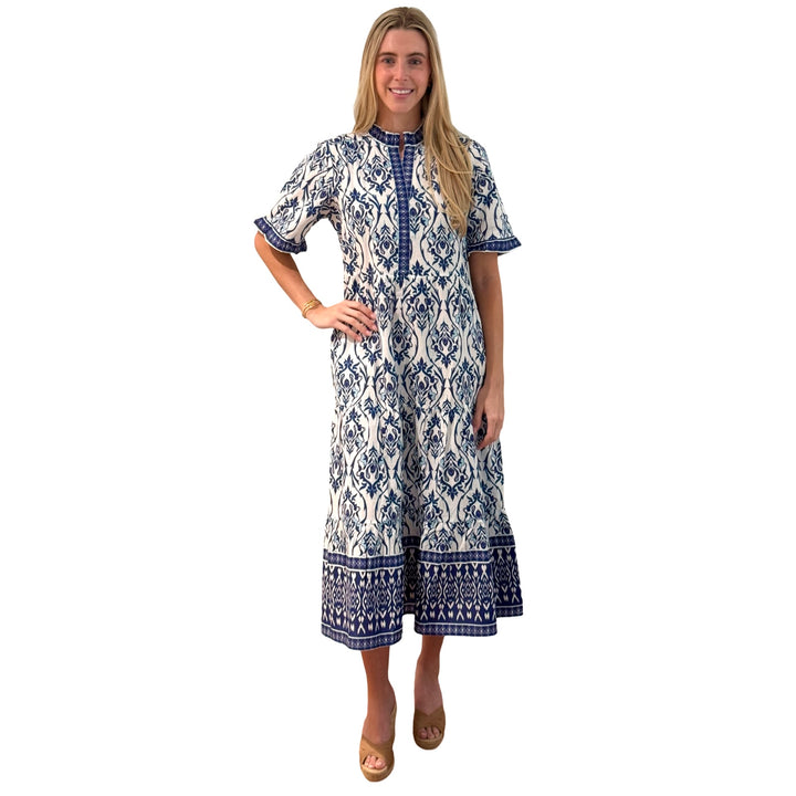 The Campbell Short Sleeve Long Hand Blocked Floral Border Print Dress in Blue and White — view 8