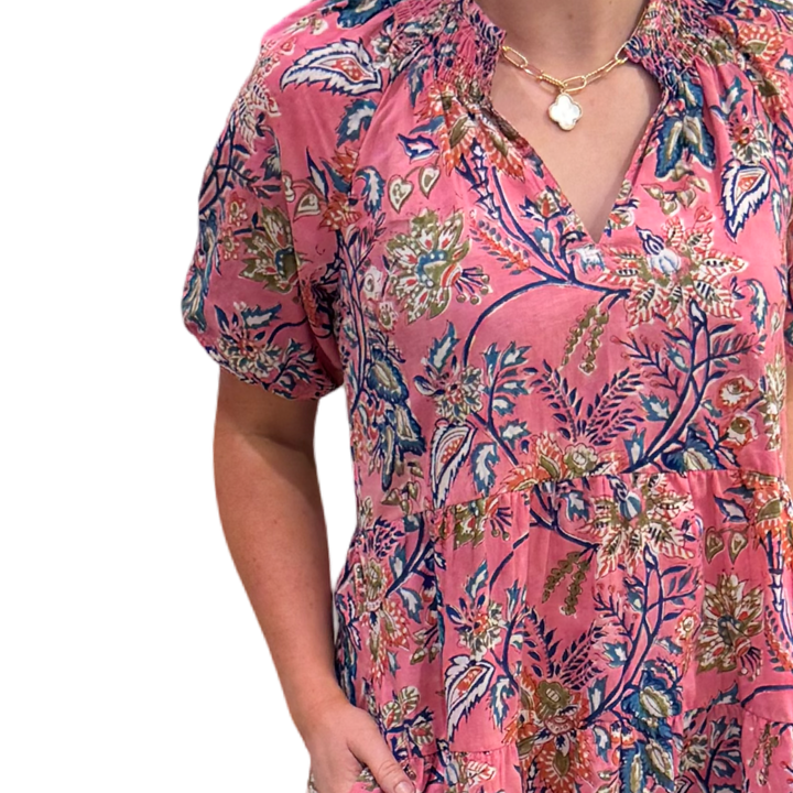 The Dahlia Smocked Neck Short Sleeve Dress in Pink Cotton Floral Hand Blocked Cotton — view 2