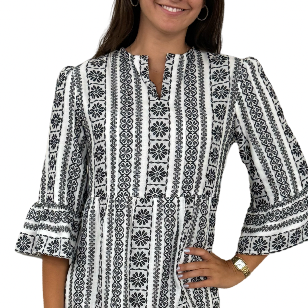 The Alexandra Black and White Jacquard 3/4 Sleeve Dress — view 4