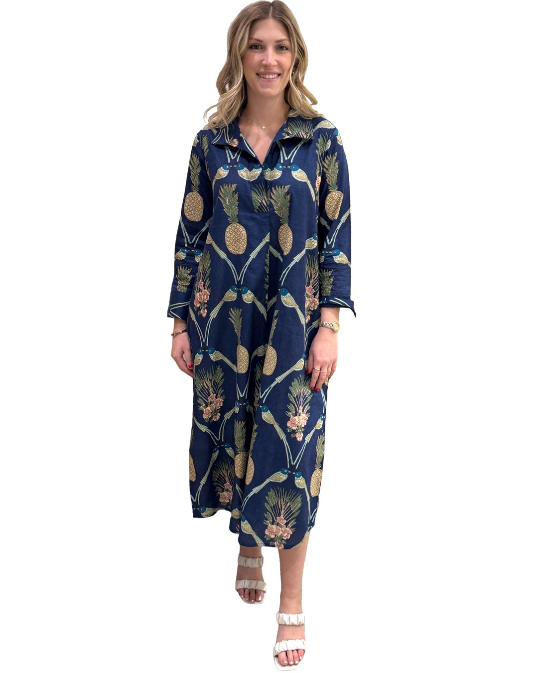 The Holland Long Shirt Dress in Navy Pineapple Bird Print