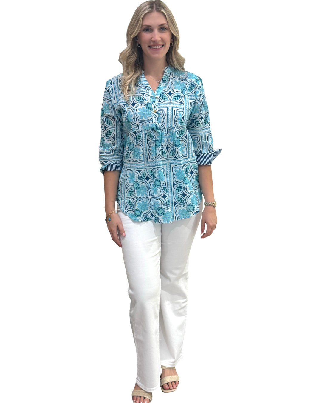 The Elliott Cotton Top in Aqua Tile Print