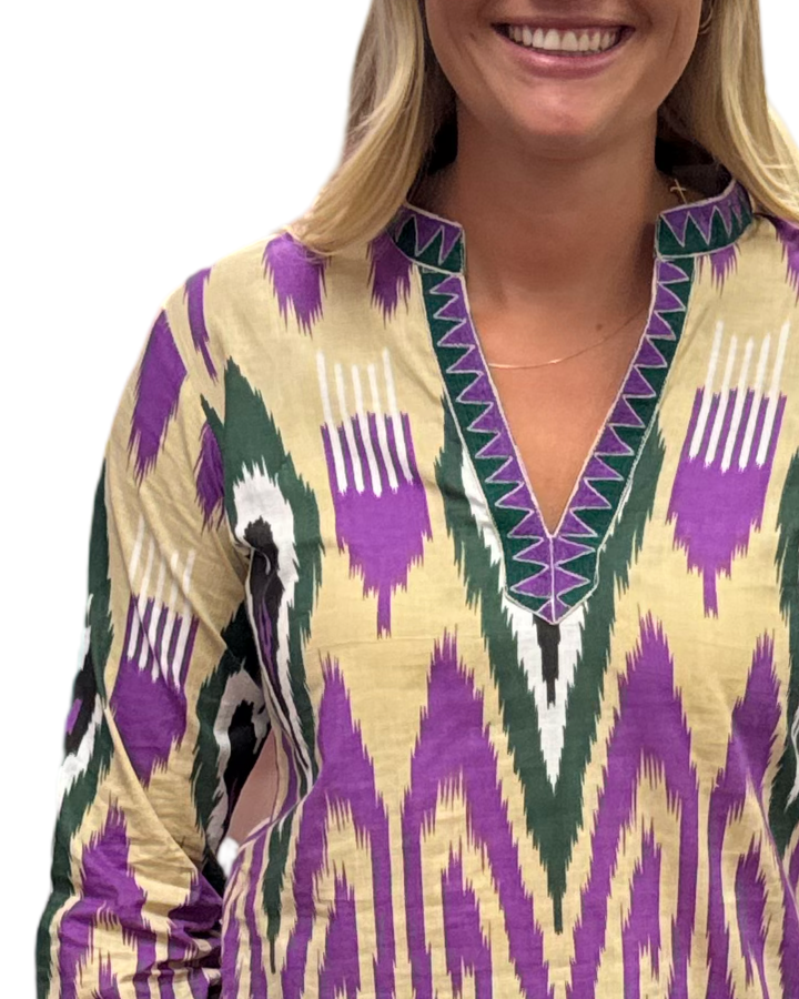The Winslow Embroidered Trim Tunic in Green Purple Ikat