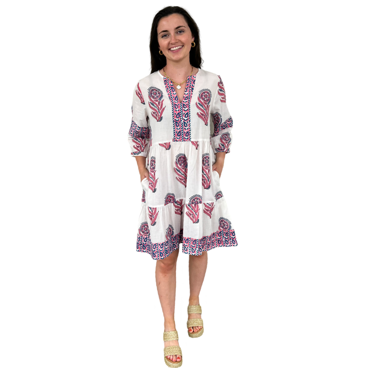 The Evie Hand Block Printed Dress in White and Pink Floral — view 5