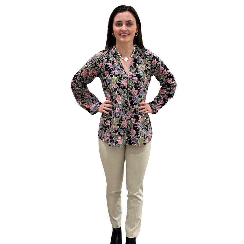 The Embry Cotton Block Print Floral Button Front Top in Midnight Floral — view 2