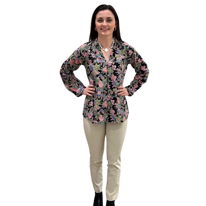 The Embry Cotton Block Print Floral Button Front Top in Midnight Floral — view 2