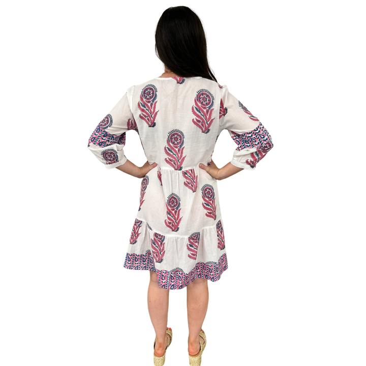The Evie Hand Block Printed Dress in White and Pink Floral — view 6