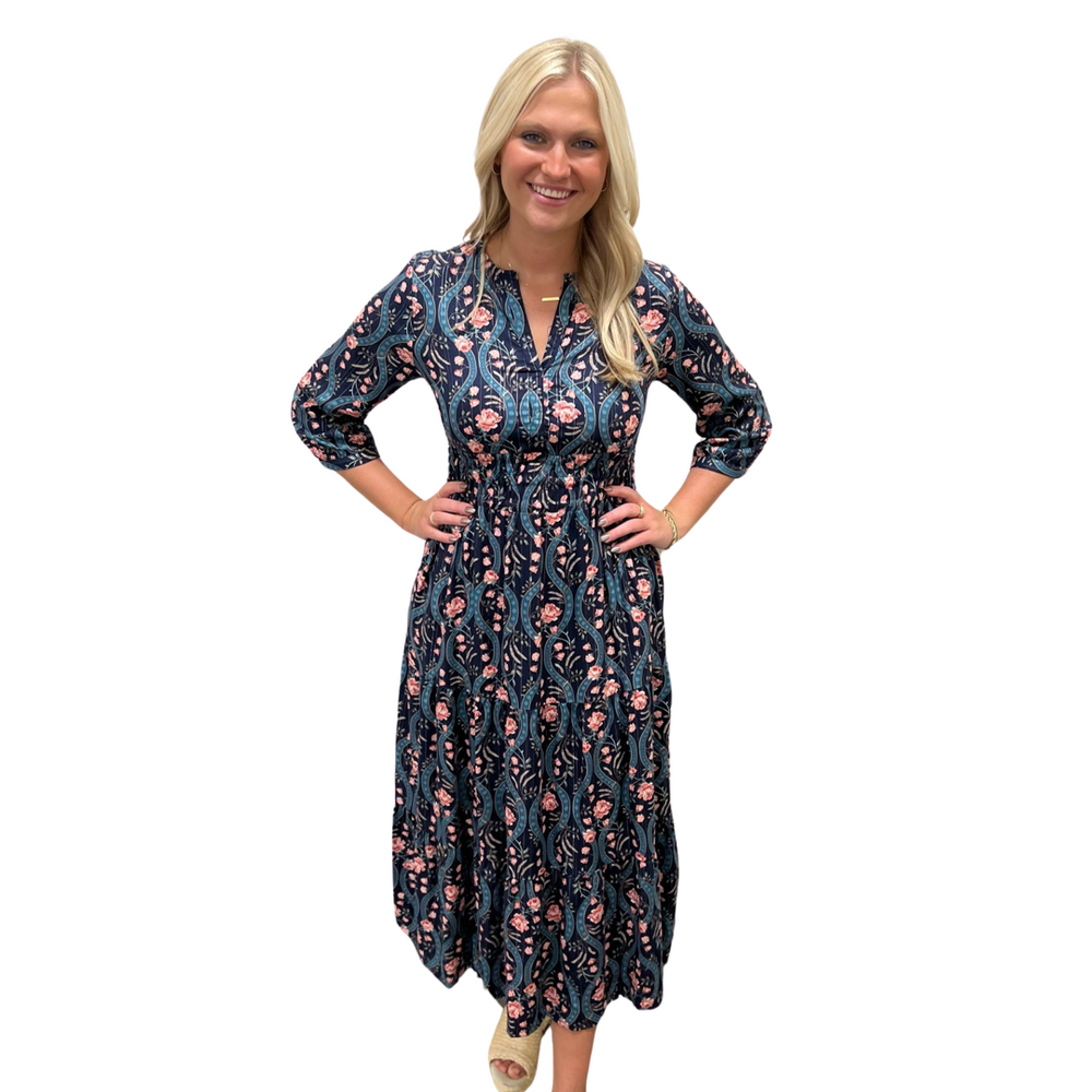 The Sydney Long Length Cinched Waist Dress in Navy Lurex Floral — view 2