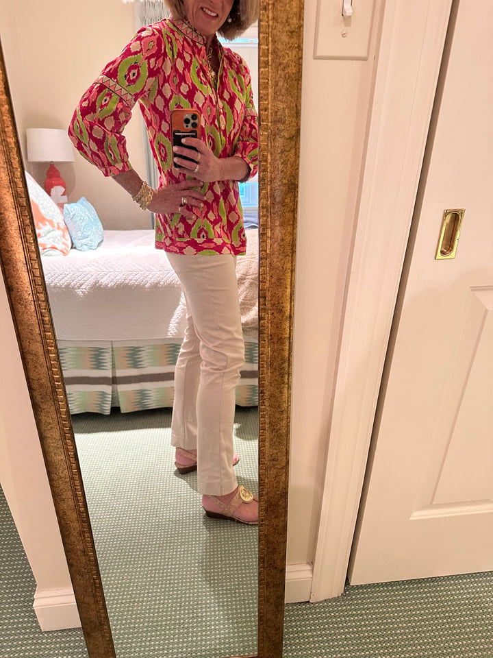 The McKenzie Embroidered Trim Top in Pink and Green Ikat — view 5