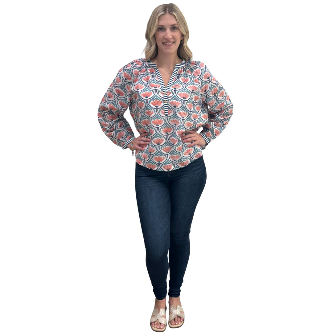 The Chandler Block Printed Floral Top in Orange and Green — view 3