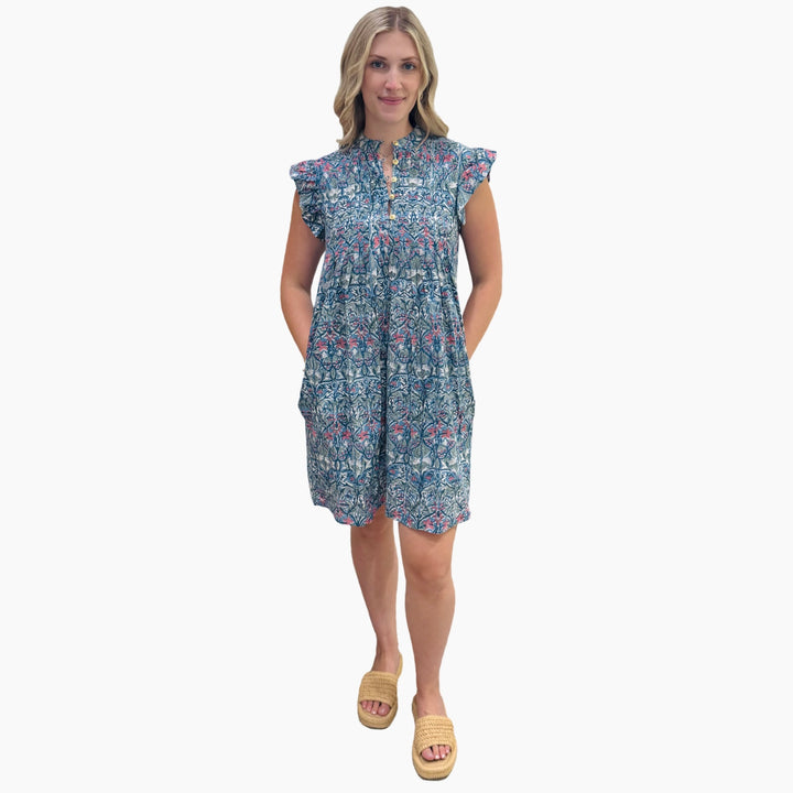 The Maggie Flutter Sleeve Dress in Blue Multi Hand Block Printed Cotton — view 4