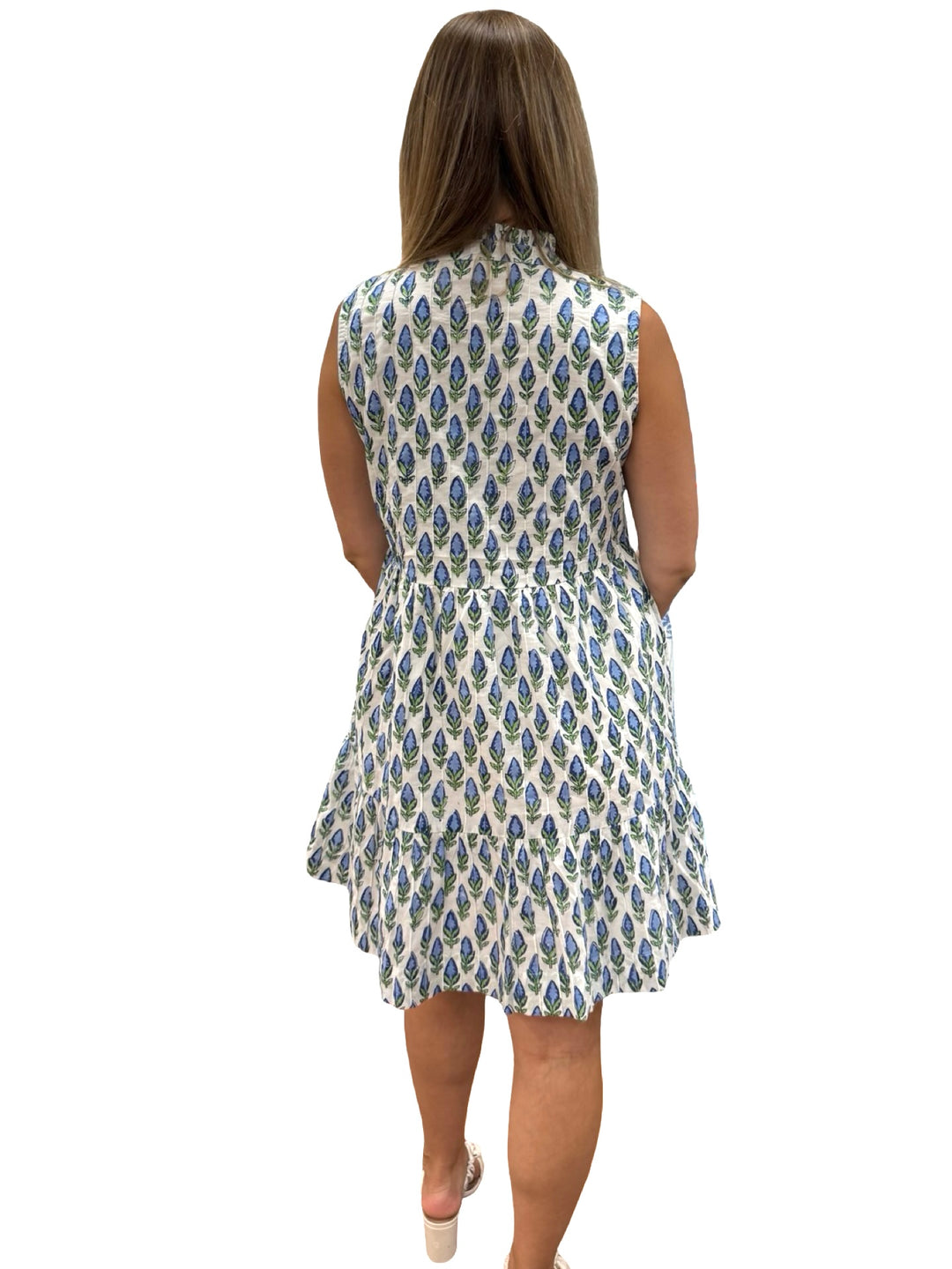 The Bennett Sleeveless Cotton Dress in Blue Hand Block Printed Blue Tulip Floral — view 5
